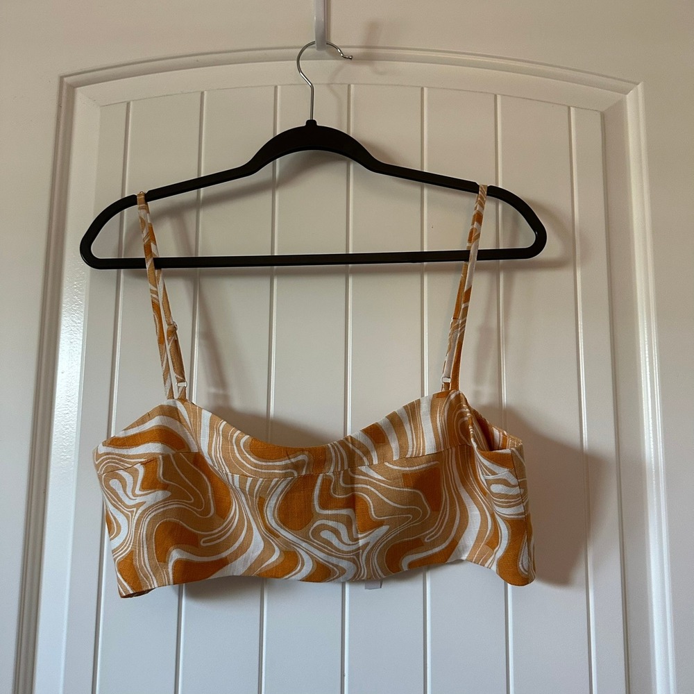 NWT CAARA Linen Blend Crop‎ Top Swirl Print Smocked Back XL
